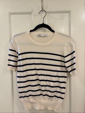 Zara Cream Tee with Navy Horizontal Stripes